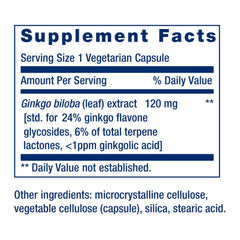 Life Extension Ginkgo Biloba bottle back label with purity and standardization notes.