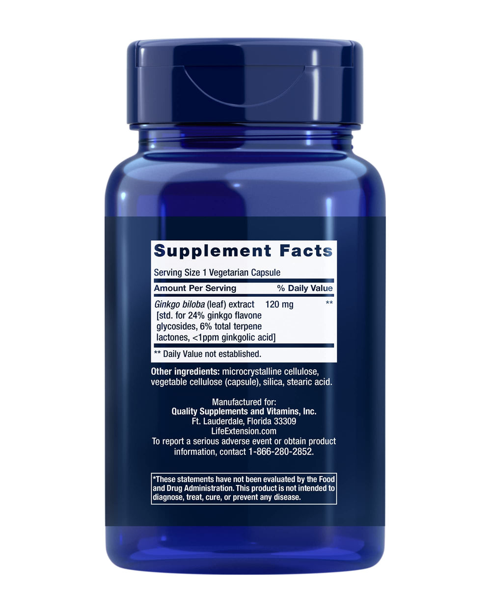Life Extension Ginkgo Biloba bottle front displays vegetarian capsules for daily use.