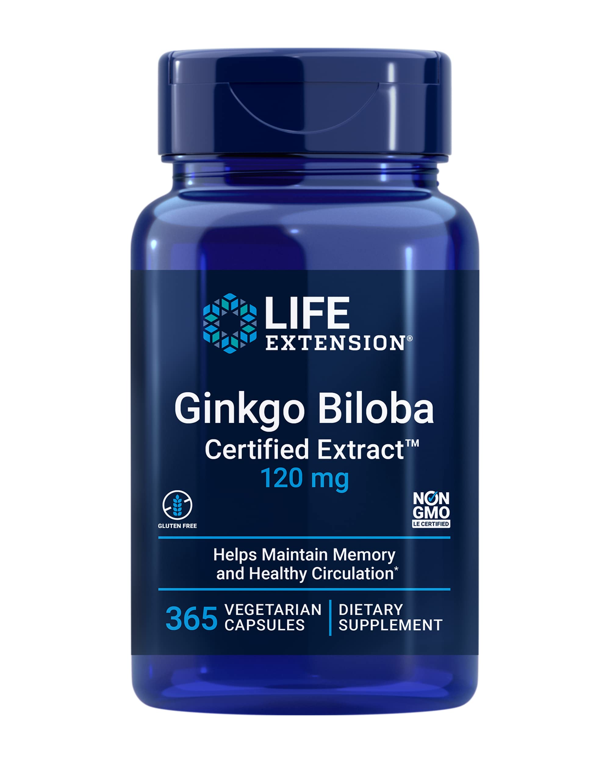Life Extension Ginkgo Biloba capsules for daily cognitive support and focus.