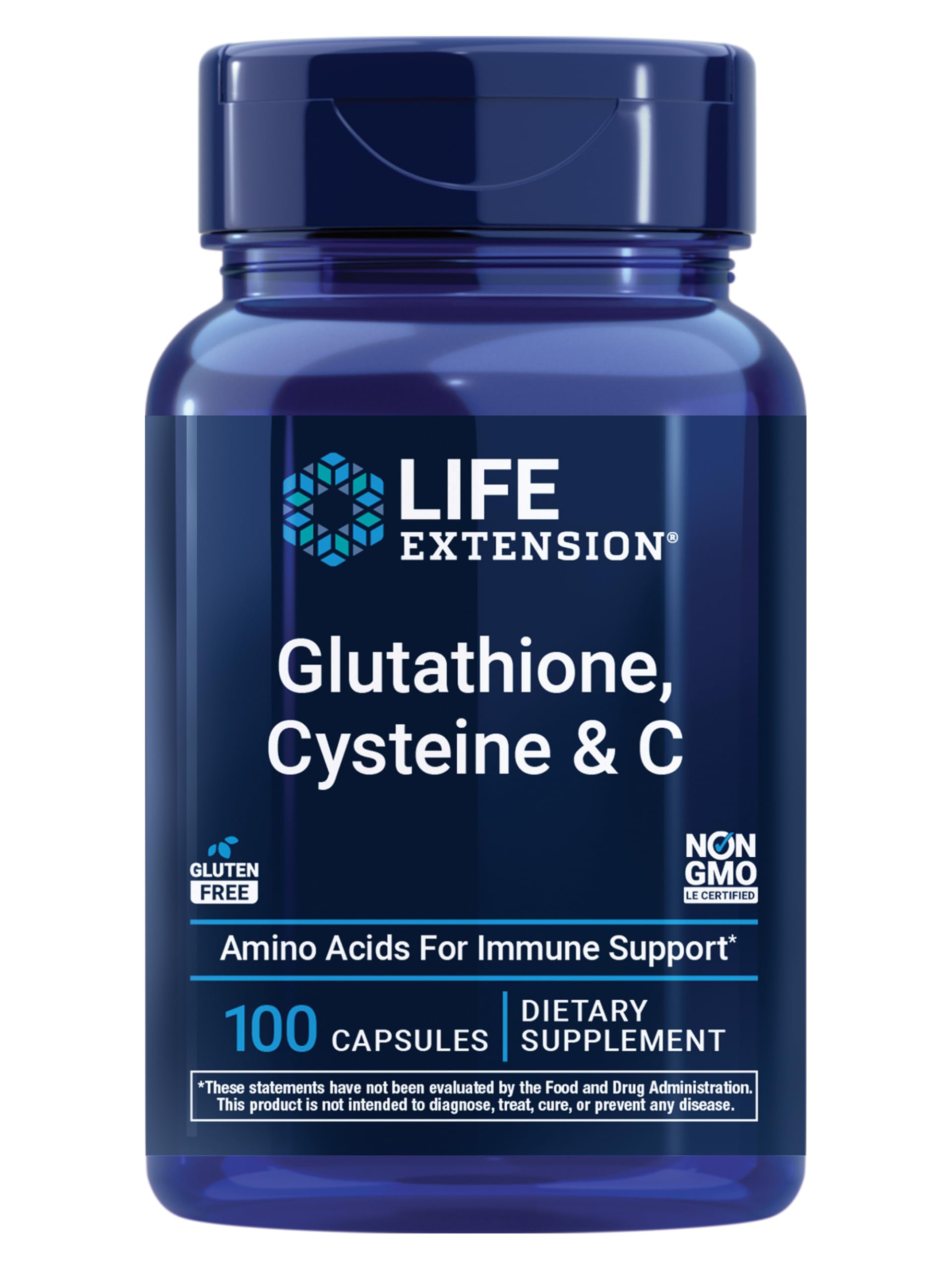 Life Extension Glutathione Cysteine C bottle with capsules for antioxidant support.