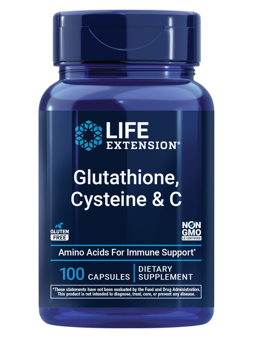 Life Extension Glutathione Cysteine C bottle with capsules for antioxidant support.