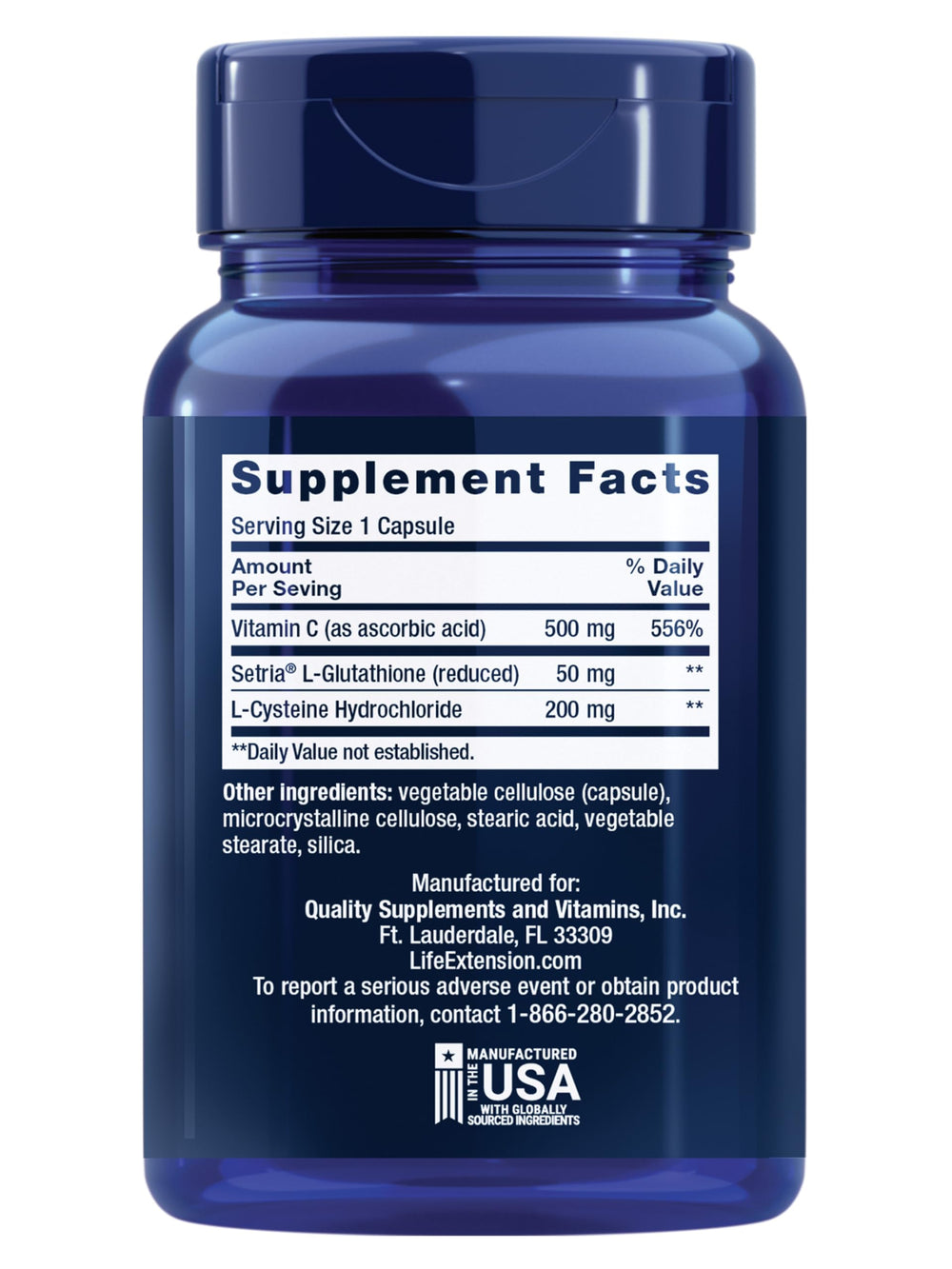 Life Extension Glutathione Cysteine C label closeup highlighting ingredients.