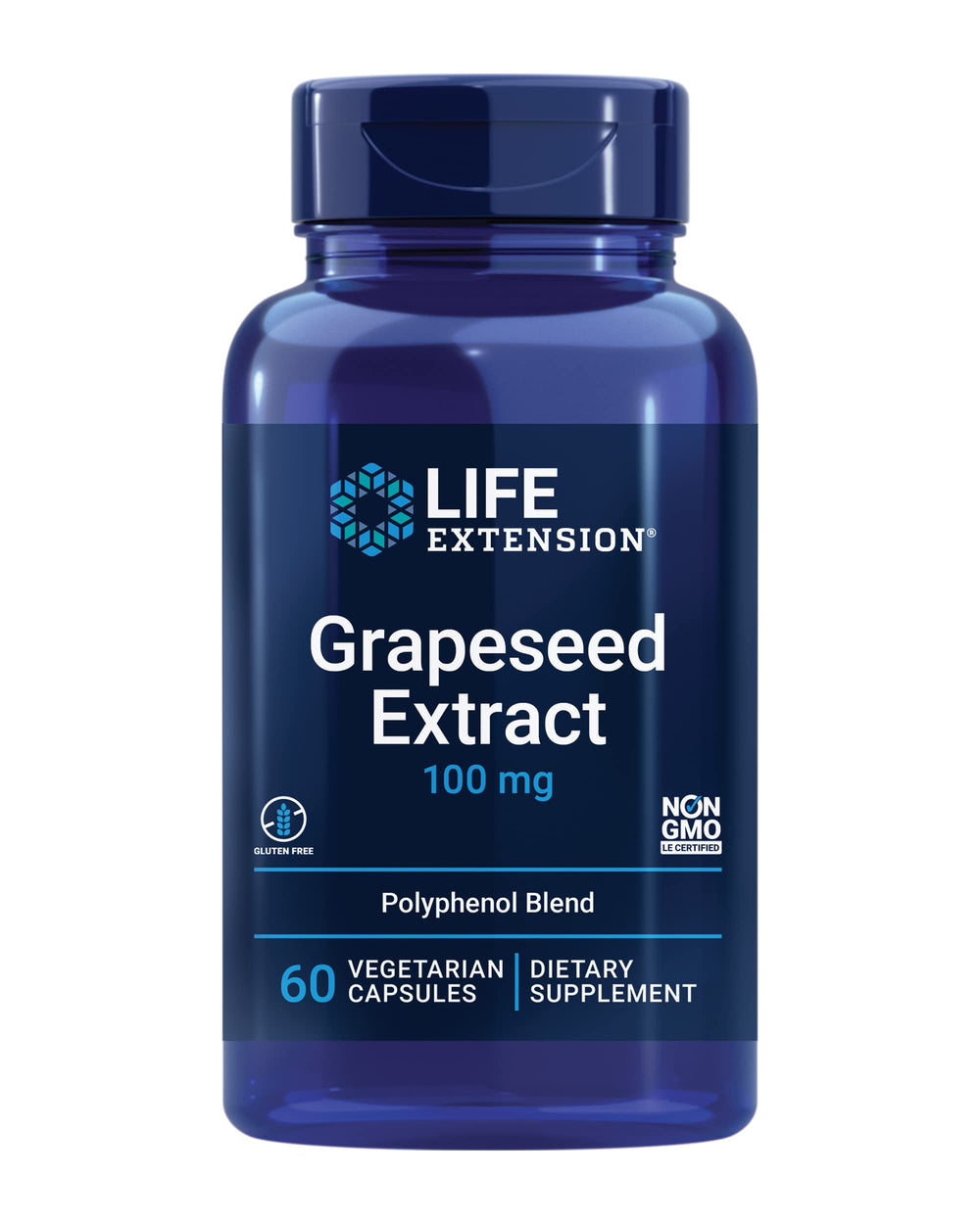 Life Extension grapeseed extract bottle showing gluten-free and non-GMO formula.