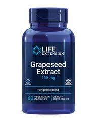 Life Extension grapeseed extract bottle showing gluten-free and non-GMO formula.