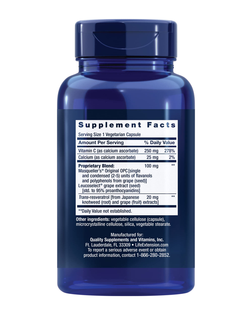 Life Extension grapeseed extract label highlights resveratrol and vitamin C benefits.