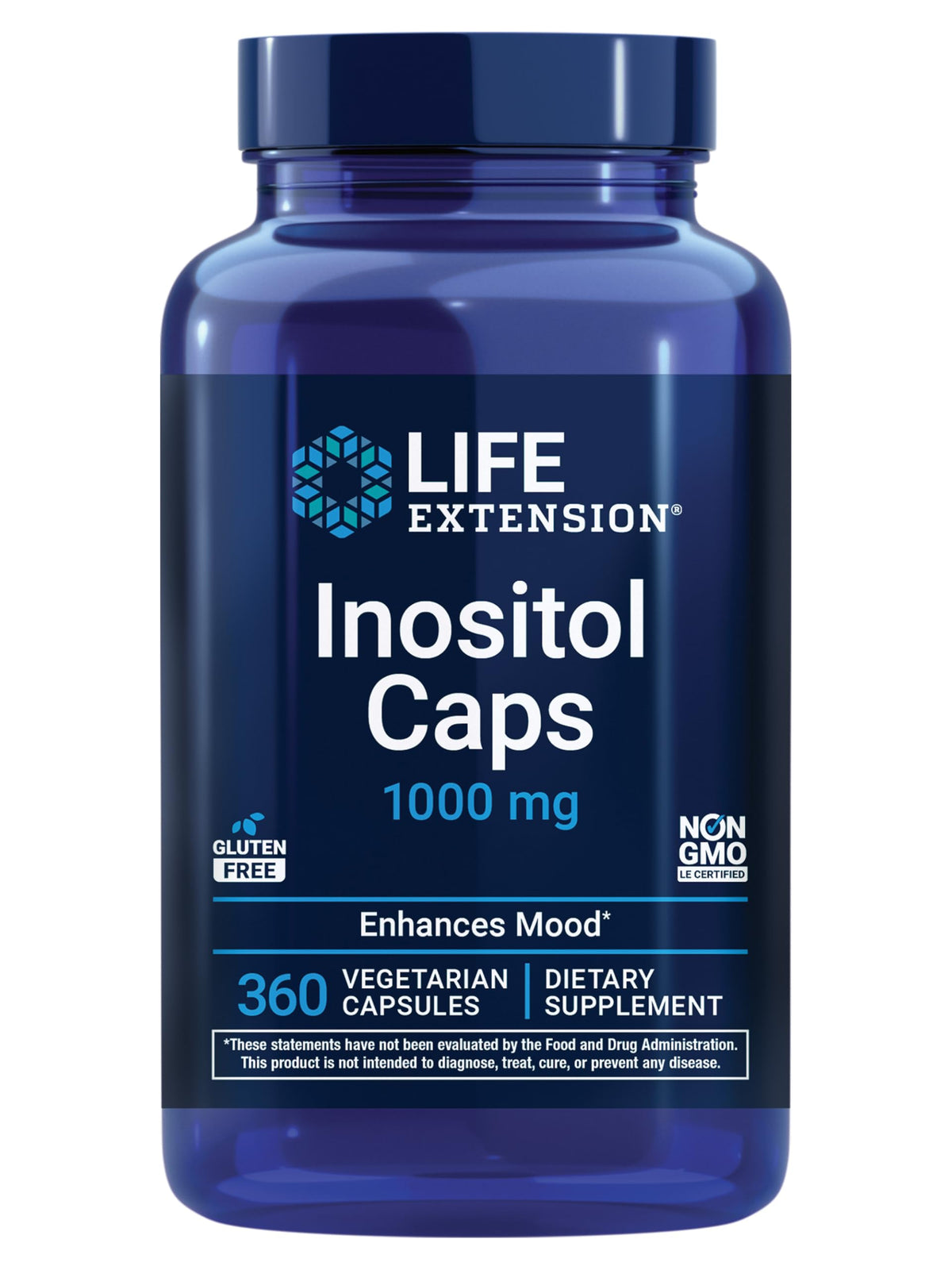 Life Extension Inositol Caps bottle front view showing 1000 mg formula for mood support