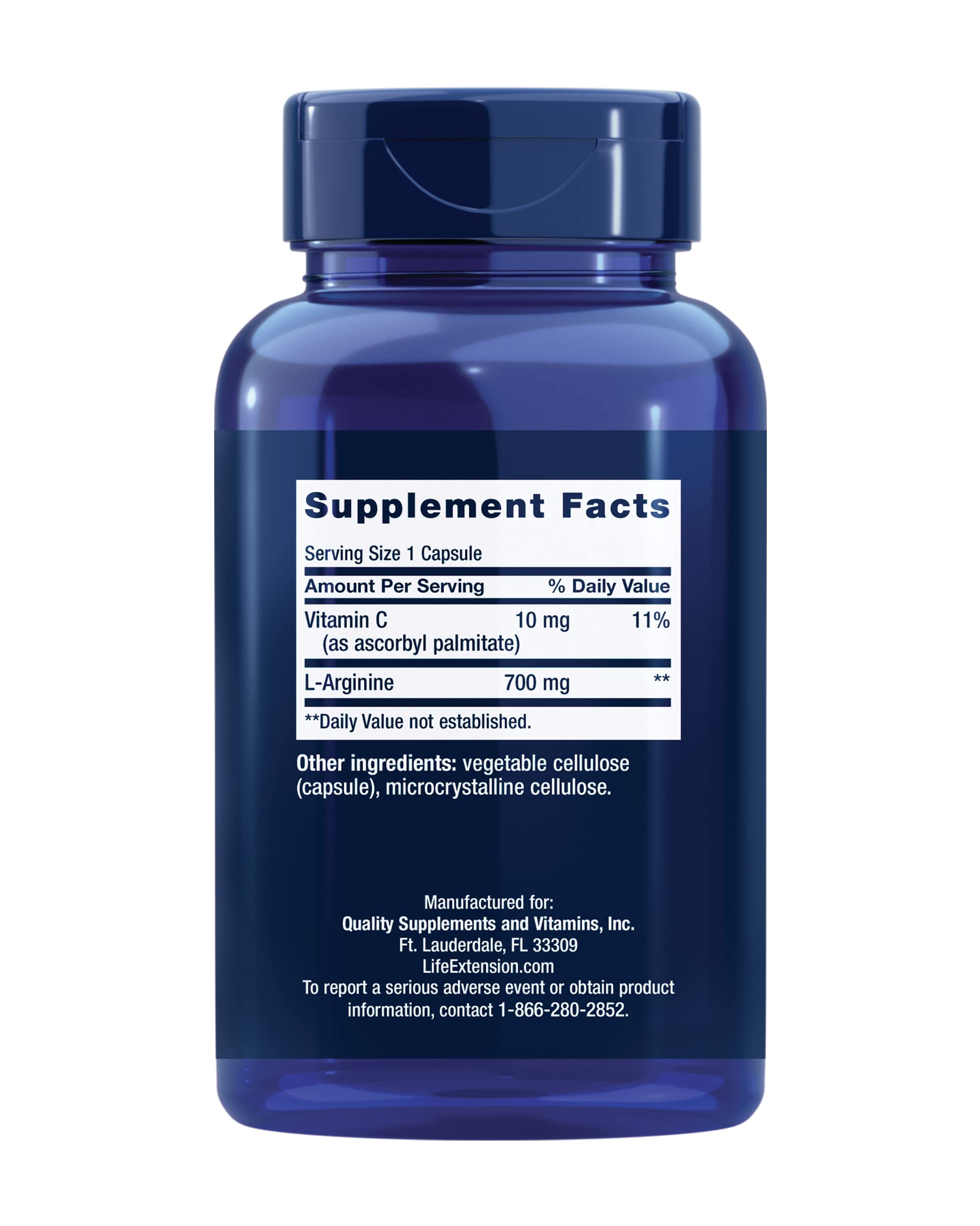 Life Extension L-Arginine Caps label shows 700 mg dosage and vitamin C for antioxidant care.