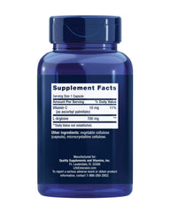Life Extension L-Arginine Caps label shows 700 mg dosage and vitamin C for antioxidant care.