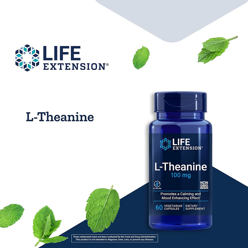 Life Extension L-Theanine bottle front features gluten-free, non-GMO supplement