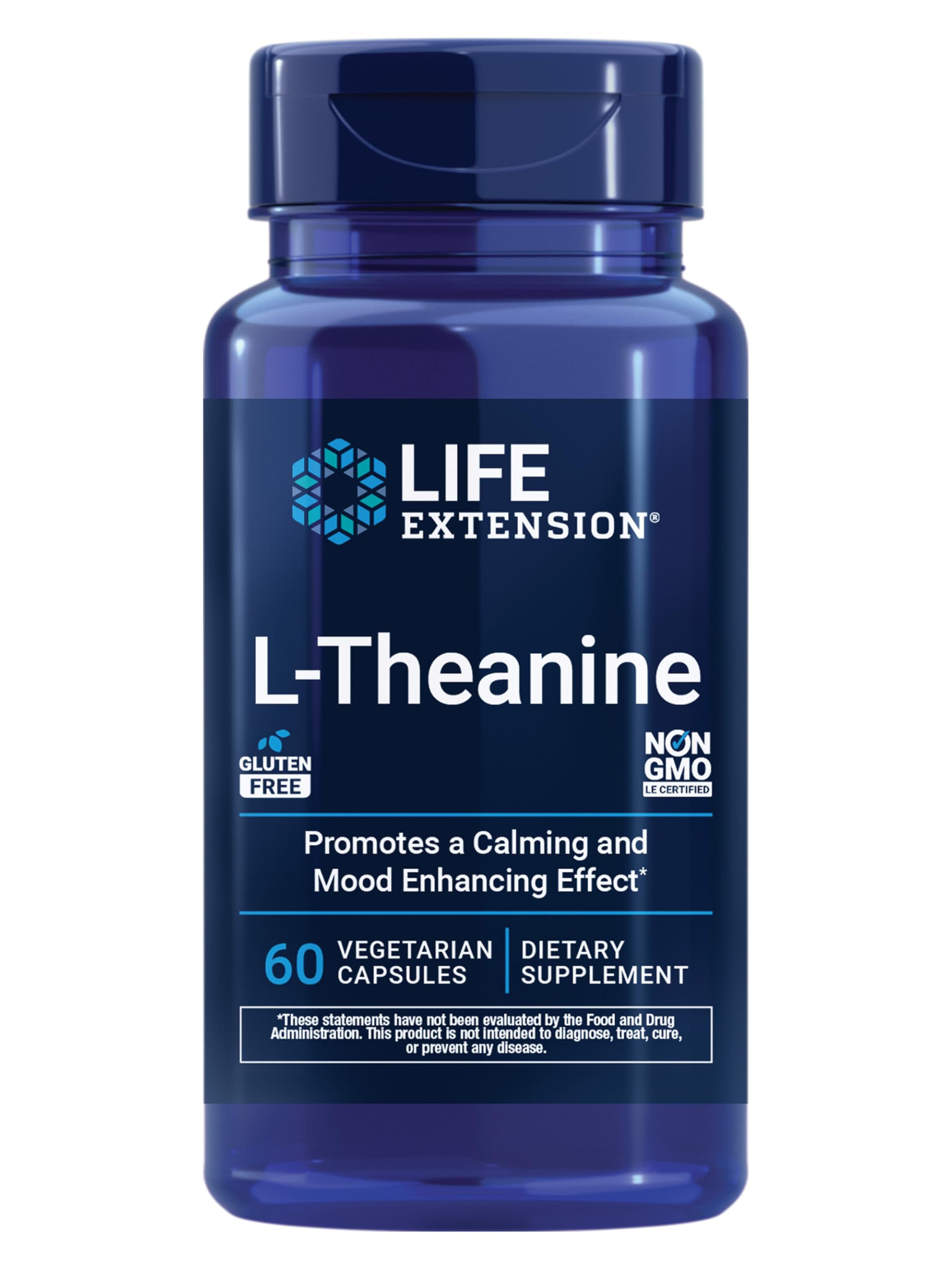 Life Extension L-Theanine bottle label highlights 200 mg calm support.