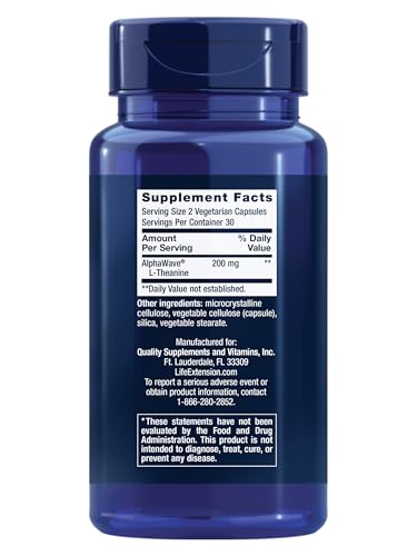 Life Extension L-Theanine capsules stacked for daily calm and focus.