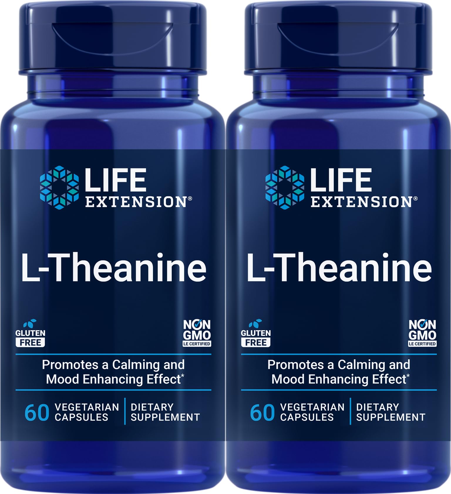 Life Extension L-Theanine pack of 2 bottles promotes calm focus for daily tasks