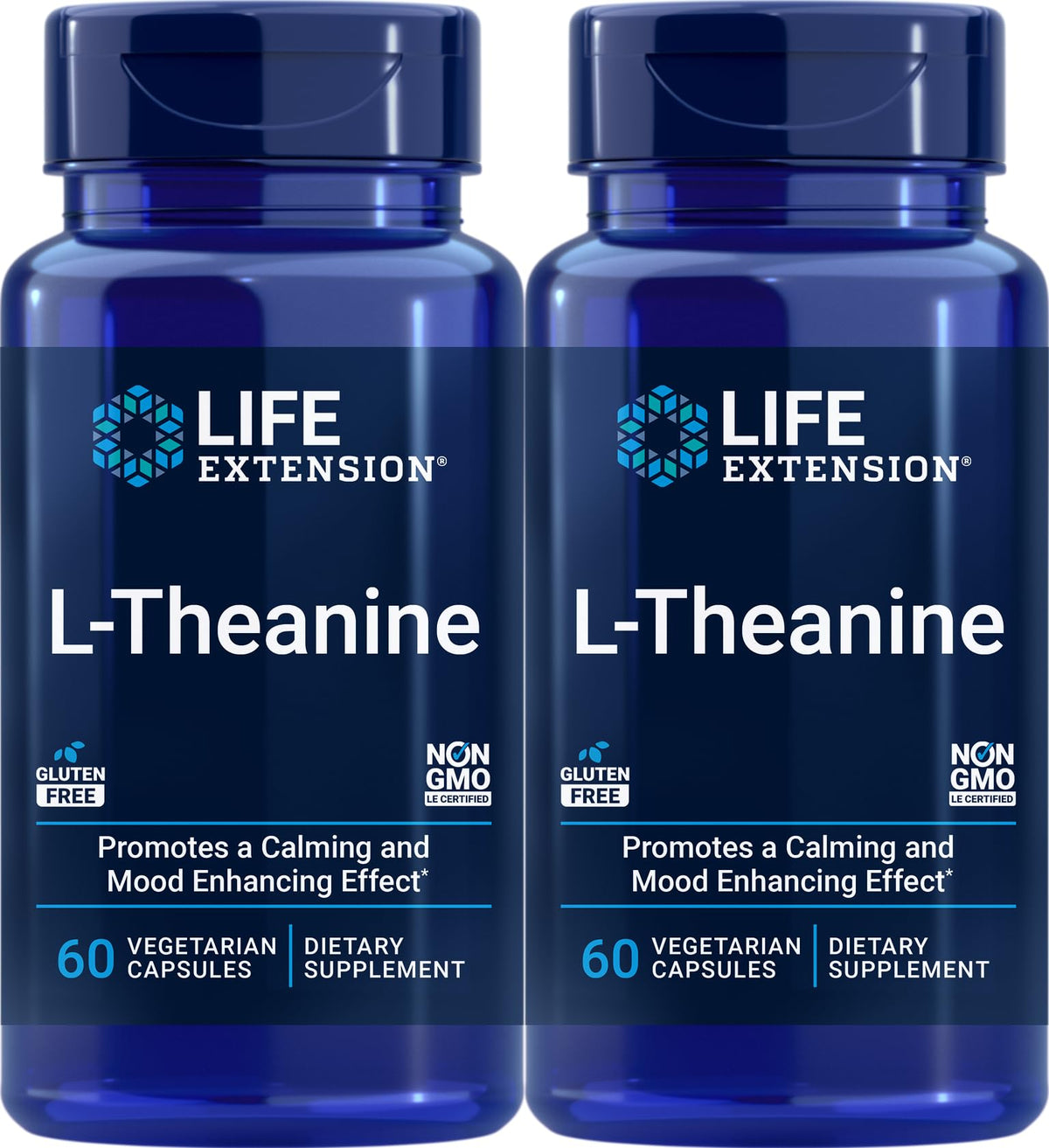 Life Extension L-Theanine pack of 2 bottles promotes calm focus for daily tasks