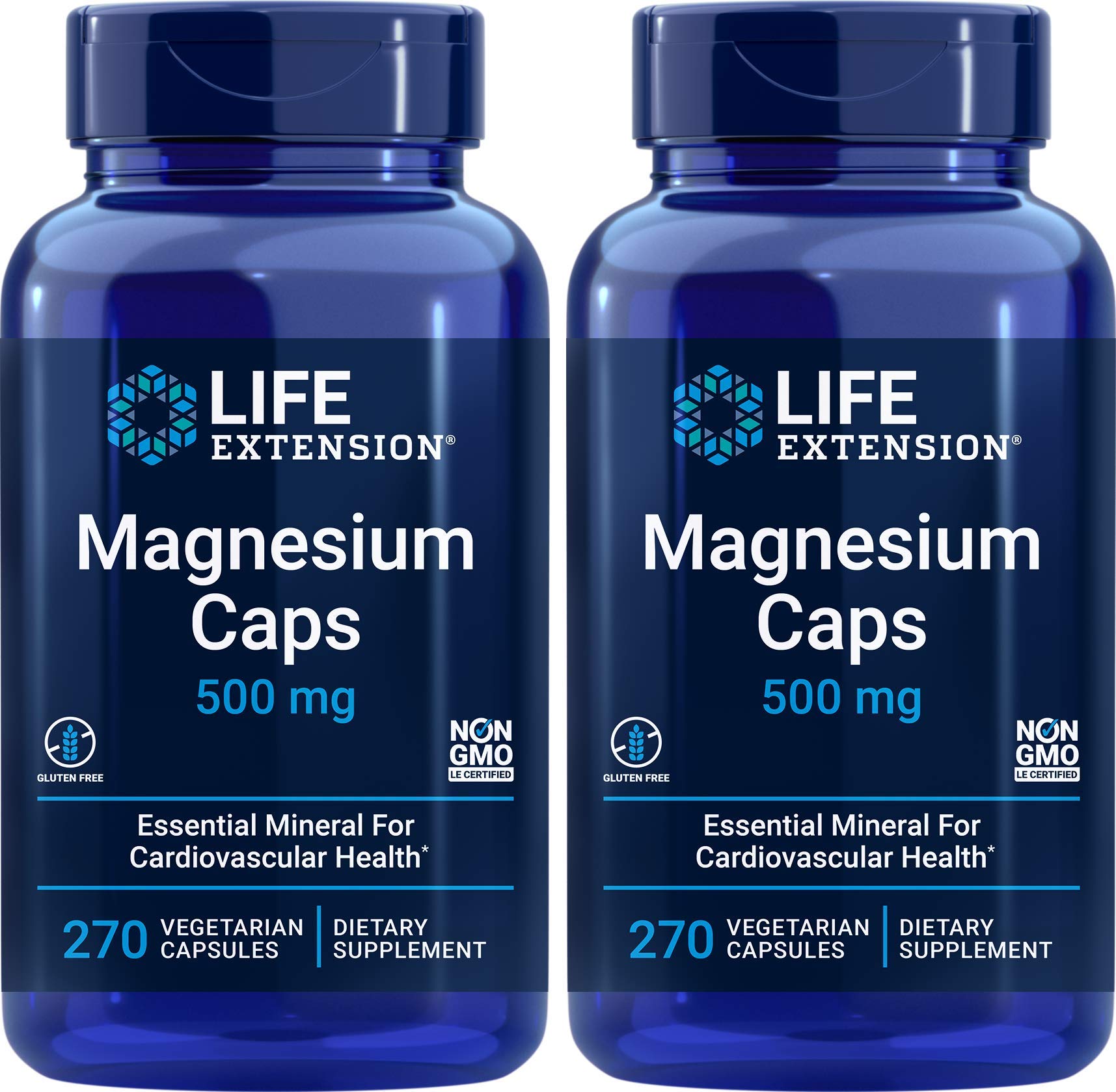 Life Extension Magnesium Caps 500 mg bottle front view for daily wellness support.