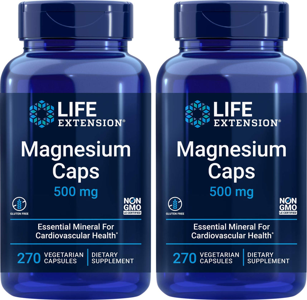 Life Extension Magnesium Caps 500 mg bottle front view for daily wellness support.