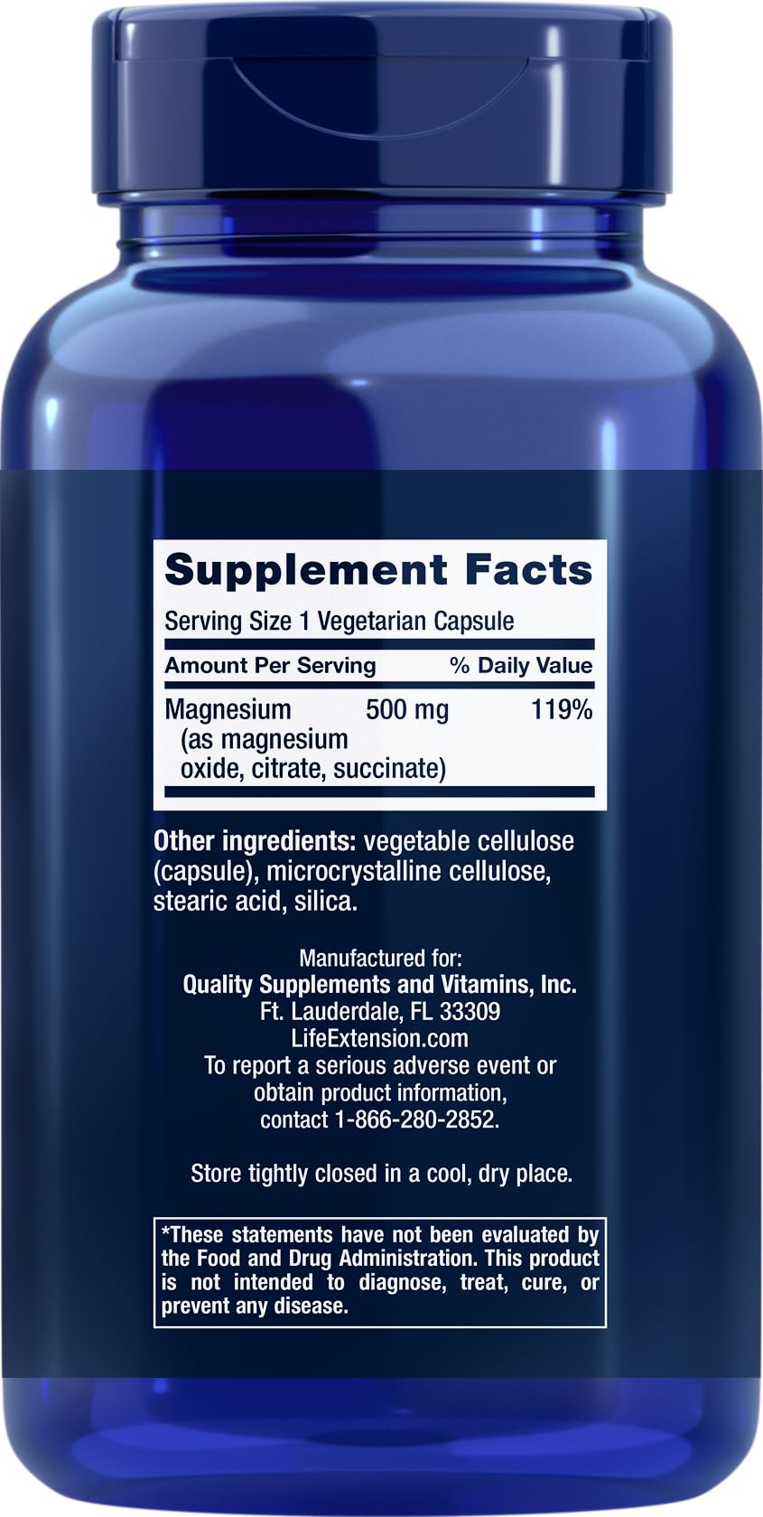 Life Extension Magnesium Caps label close-up showing three magnesium forms for absorption.