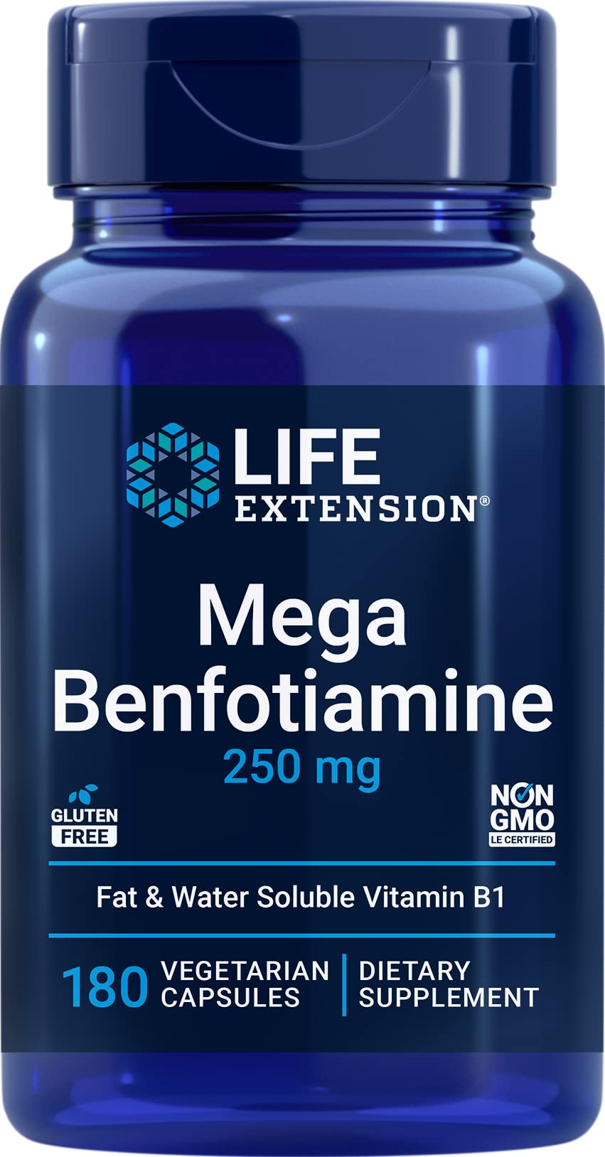 Life Extension Mega Benfotiamine 250mg bottle close-up for daily wellness support