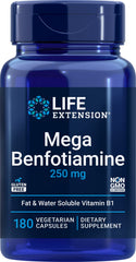 Life Extension Mega Benfotiamine 250mg bottle close-up for daily wellness support