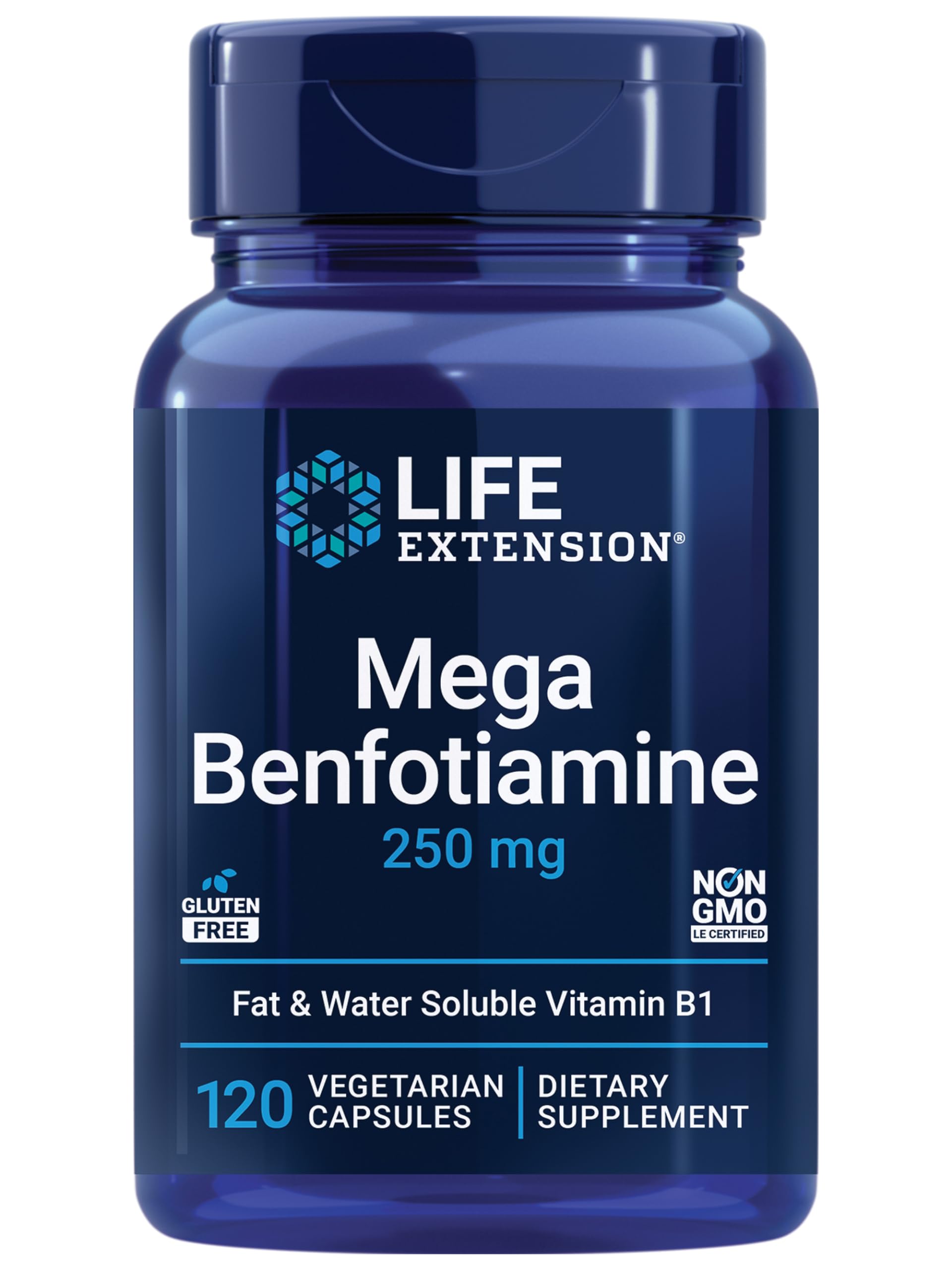 Life Extension Mega Benfotiamine bottle shows the 250 mg formula for daily support.