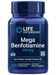 Life Extension Mega Benfotiamine bottle shows the 250 mg formula for daily support.