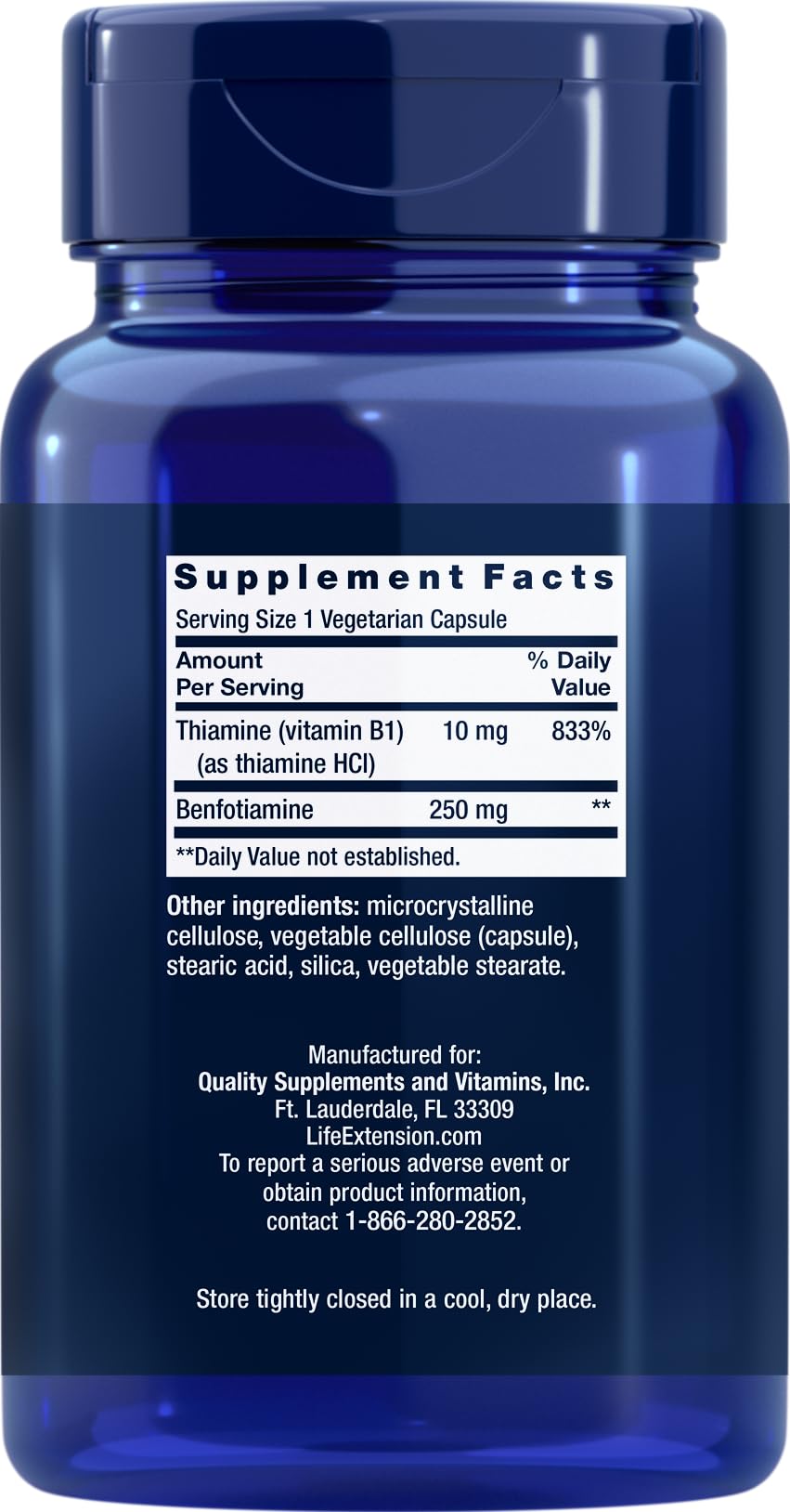 Life Extension Mega Benfotiamine capsules close-up highlighting dual B1 forms