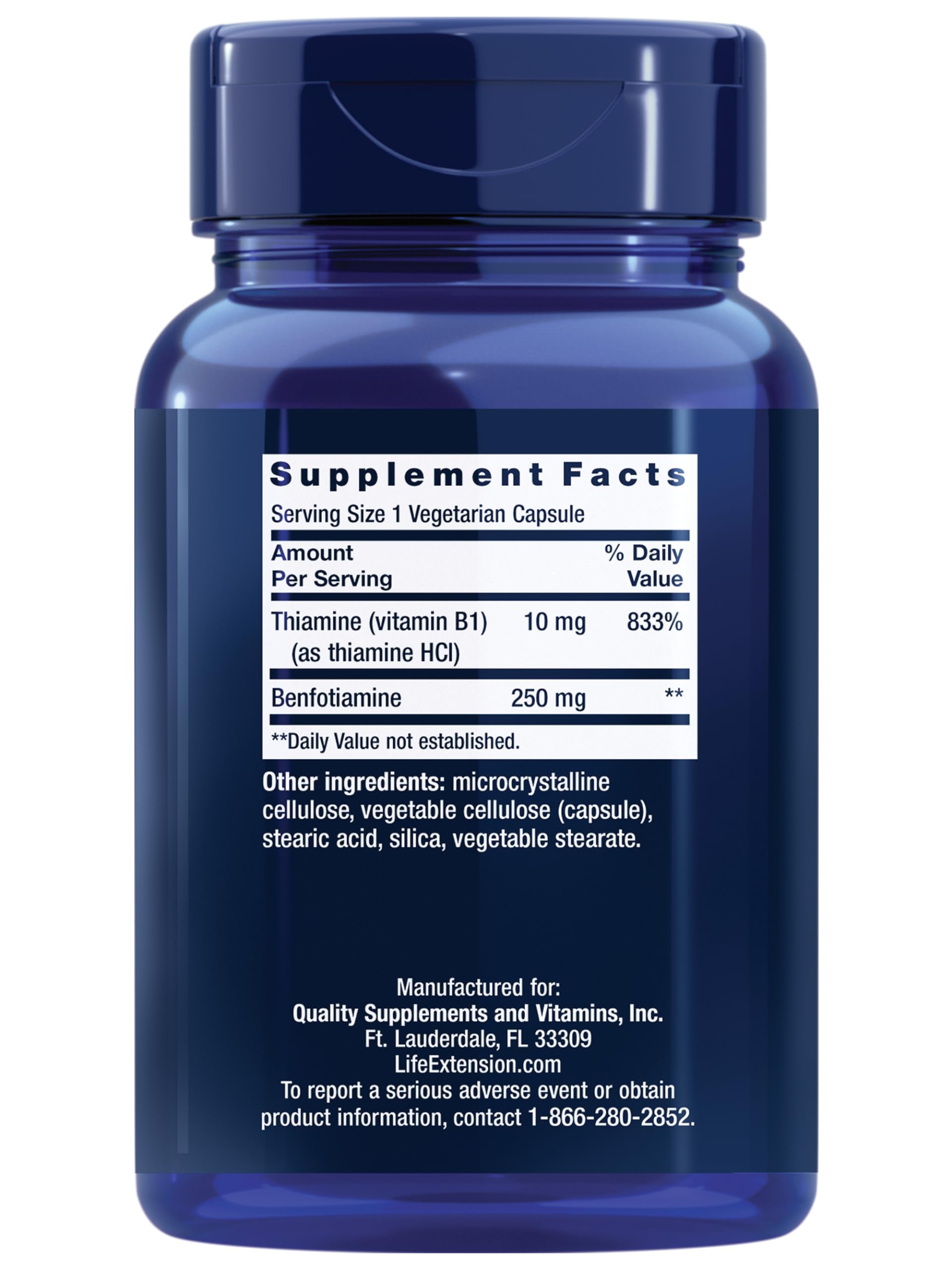 Life Extension Mega Benfotiamine capsules ready for easy daily dosing.