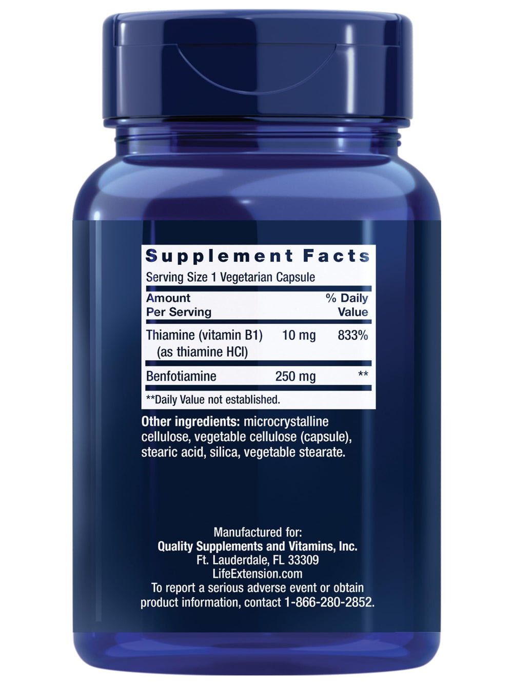 Life Extension Mega Benfotiamine capsules ready for easy daily dosing.