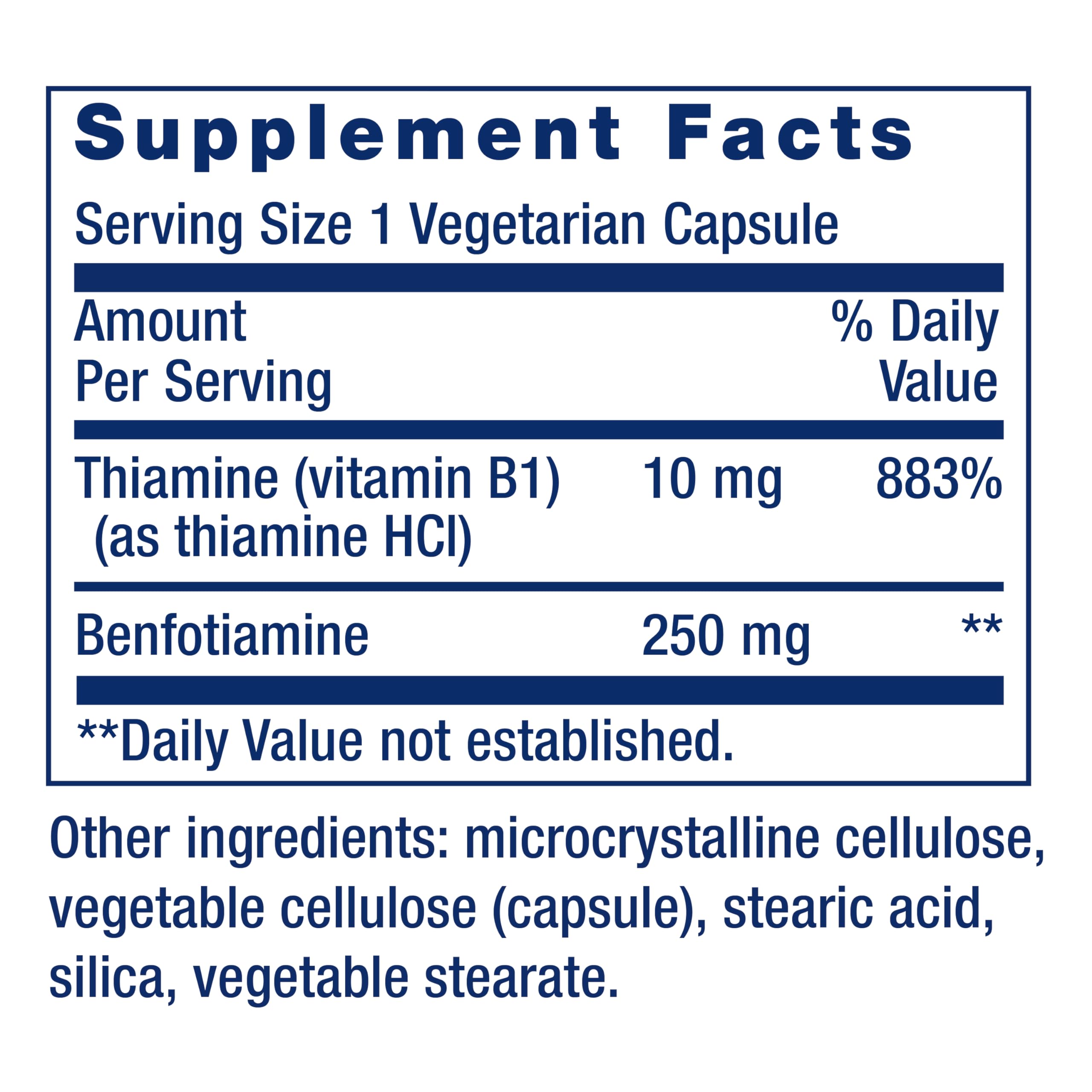 Life Extension Mega Benfotiamine label highlights ingredients and purity.