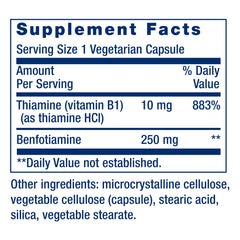 Life Extension Mega Benfotiamine label highlights ingredients and purity.