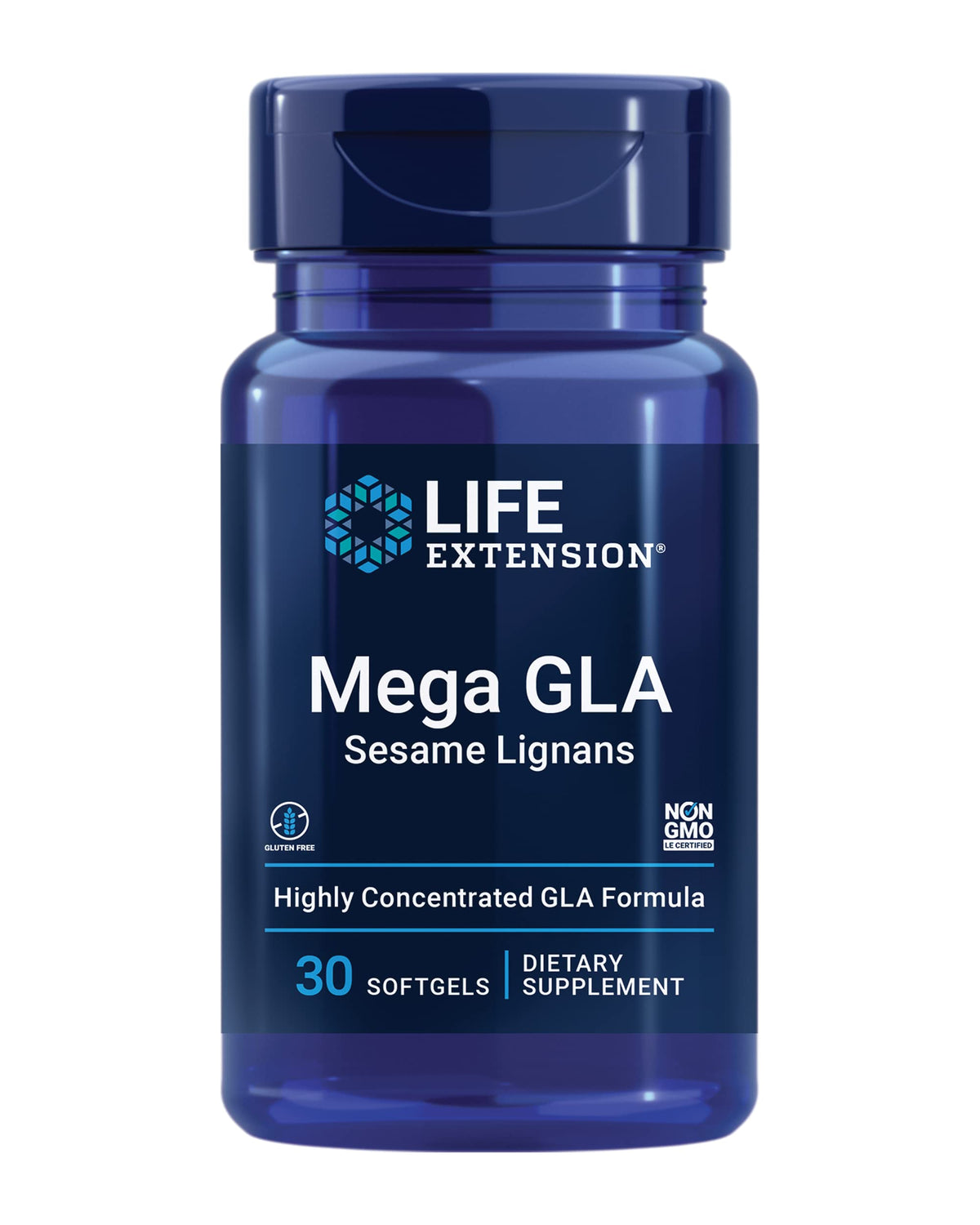 Life Extension Mega GLA sesame-lignans bottle on shelf supports inflammatory balance.