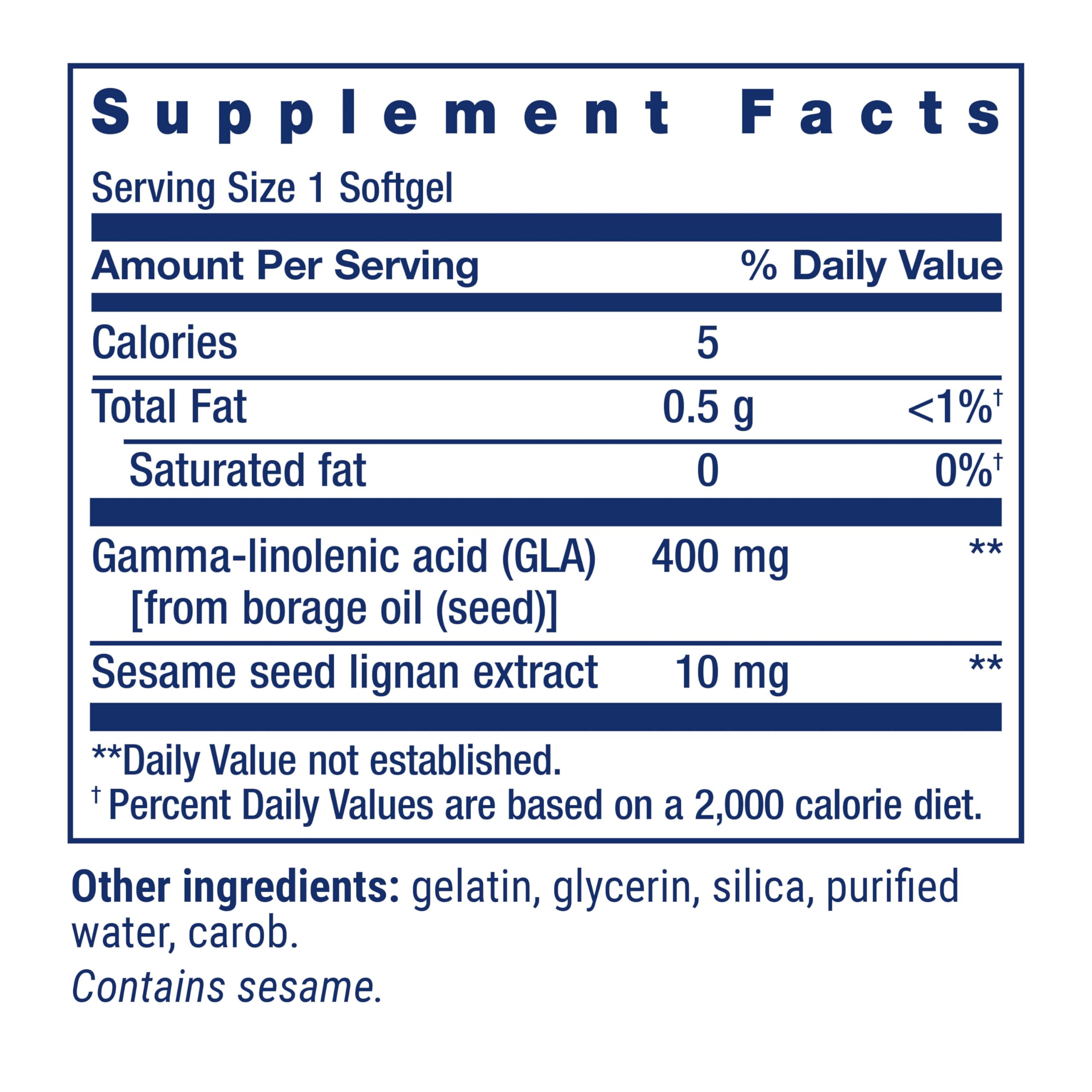 Life Extension Mega GLA sesame-lignans label highlights 400 mg GLA per softgel.