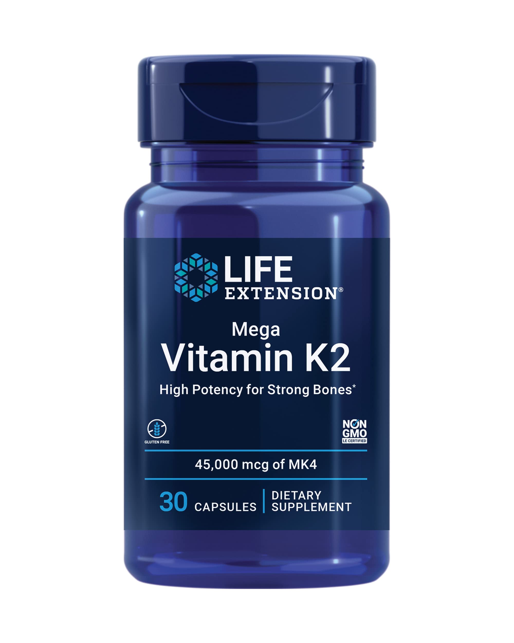 Life Extension Mega Vitamin K2 bottle front highlights gluten-free packaging for bone health support.