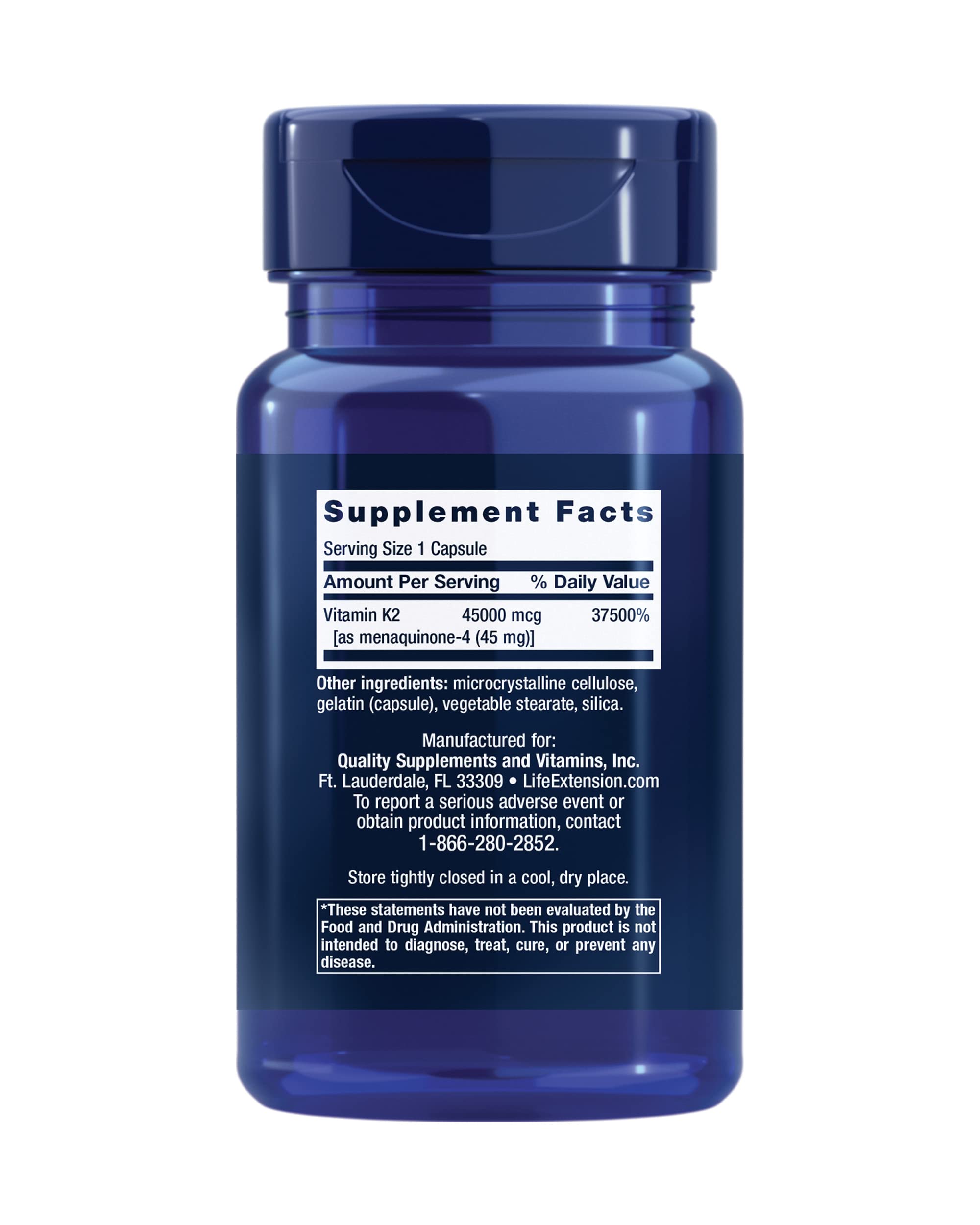 Life Extension Mega Vitamin K2 bottle pour captures easy-to-dispense capsules for daily use.
