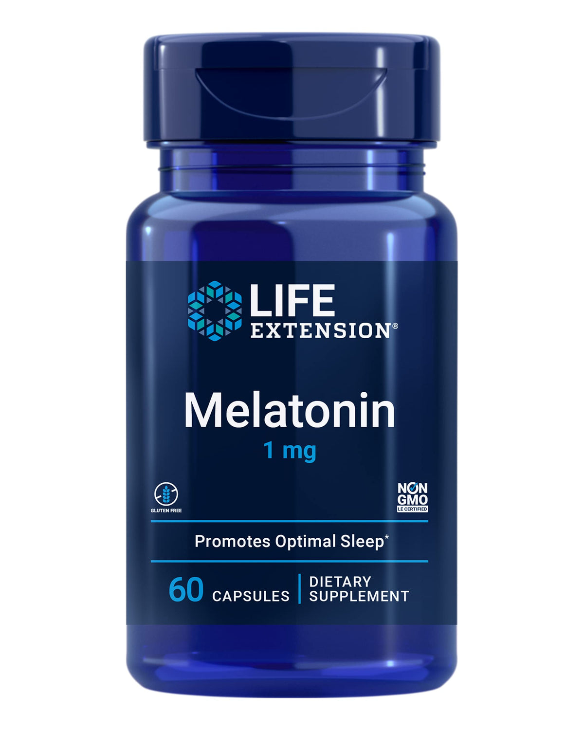 Life Extension Melatonin 1mg bottle label highlighting gluten-free, non-GMO formulation for restful nights.
