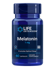 Life Extension Melatonin 1mg bottle label highlighting gluten-free, non-GMO formulation for restful nights.