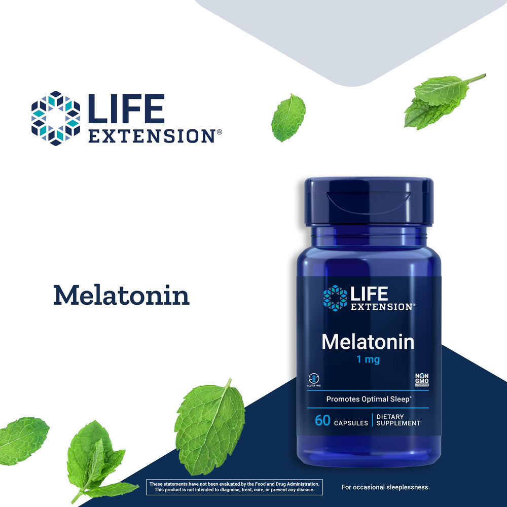 Life Extension Melatonin 1mg packaging with gluten-free and non-GMO icons for transparency.