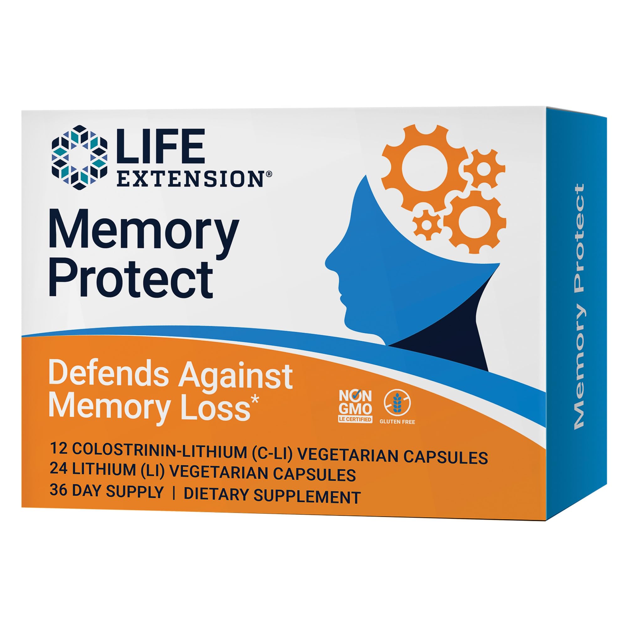 Life Extension Memory Protect bottle showing gluten-free, non-GMO capsules for daily brain support.