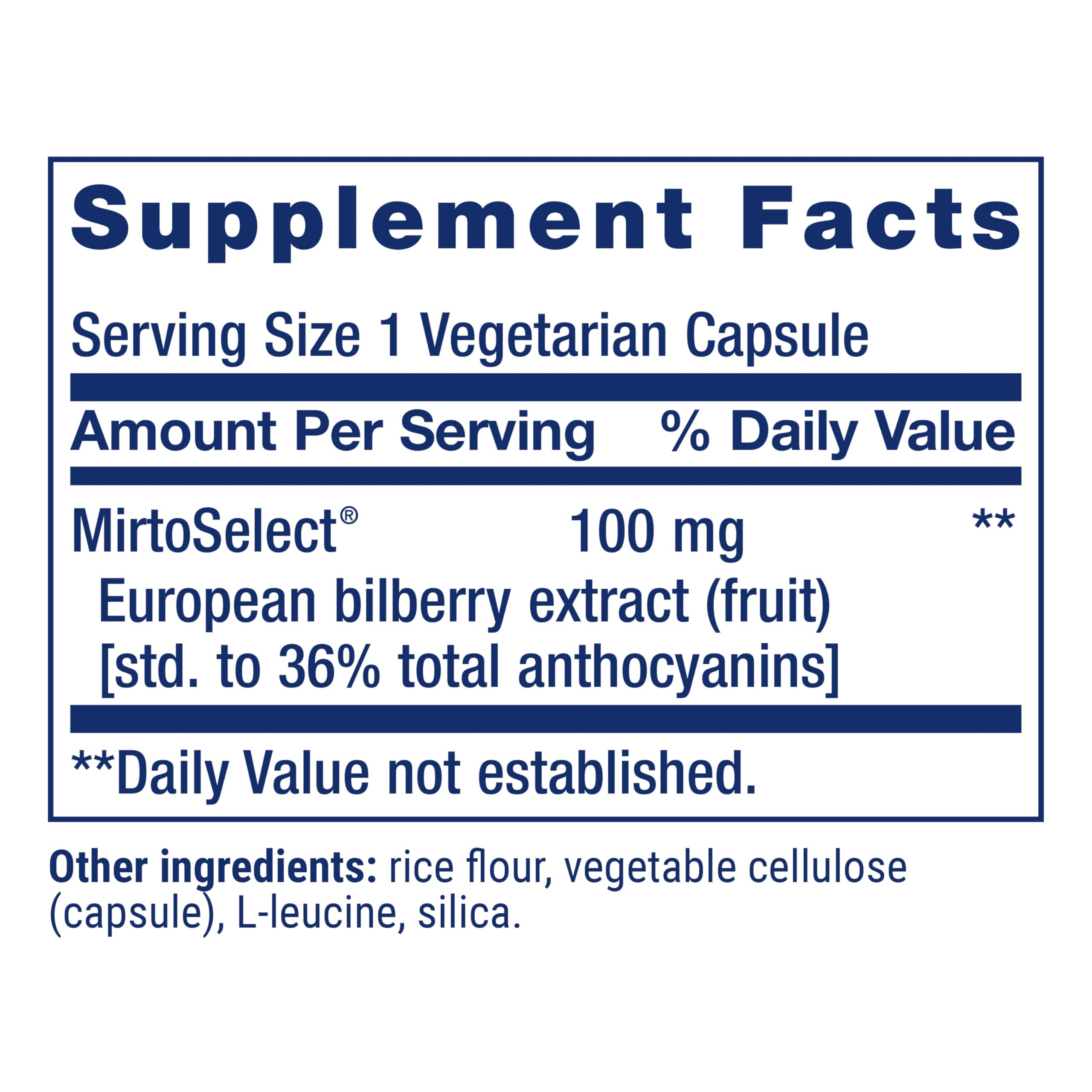 Life Extension MirtoSelect label detail emphasizes high anthocyanin content and purity