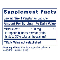 Life Extension MirtoSelect label detail emphasizes high anthocyanin content and purity