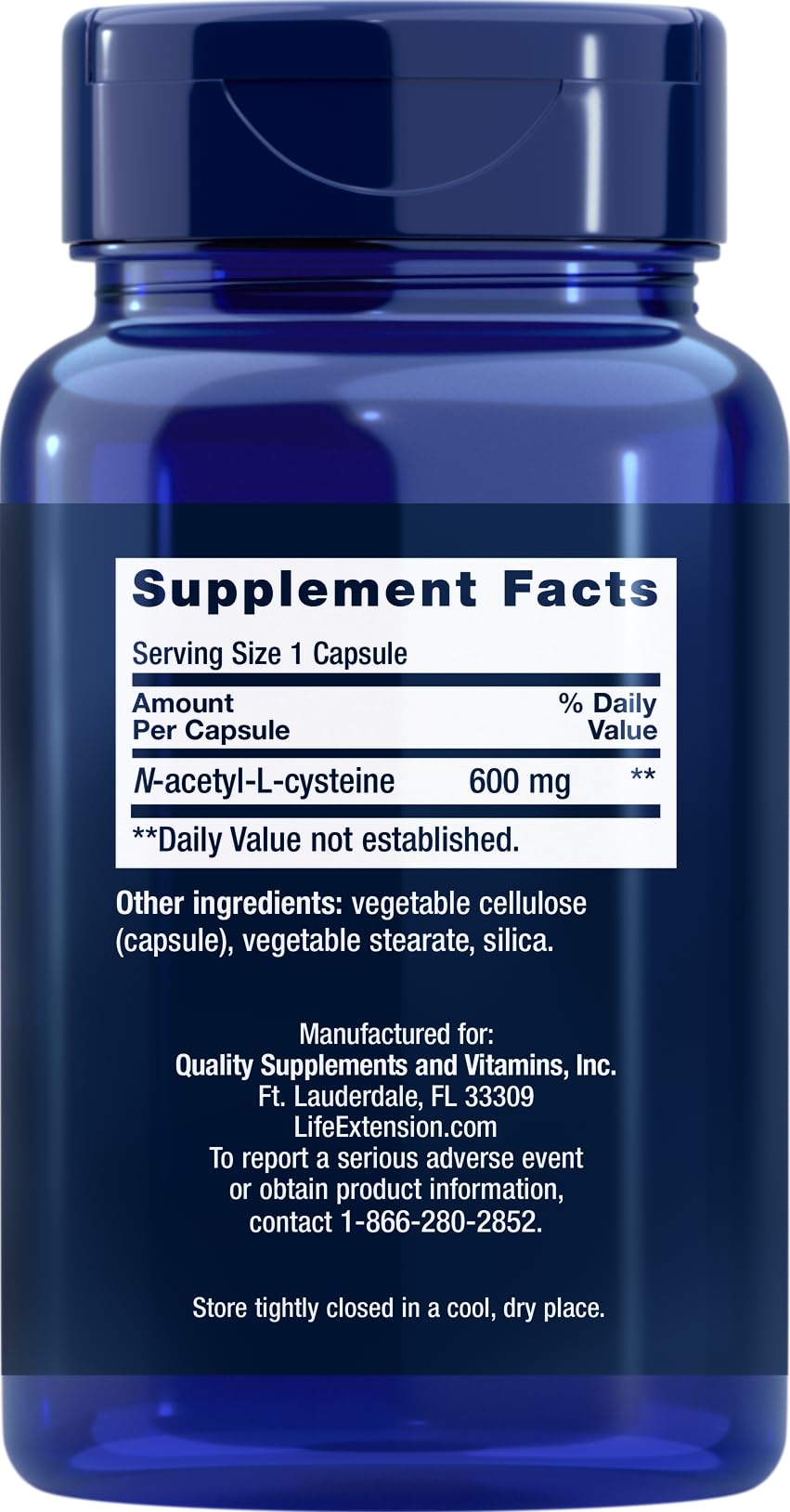 Life Extension NAC 600mg capsules close-up emphasizing immune health potential.