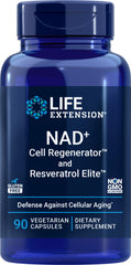 Life Extension NAD+ Cell Regenerator bottle with capsules supporting daily energy.