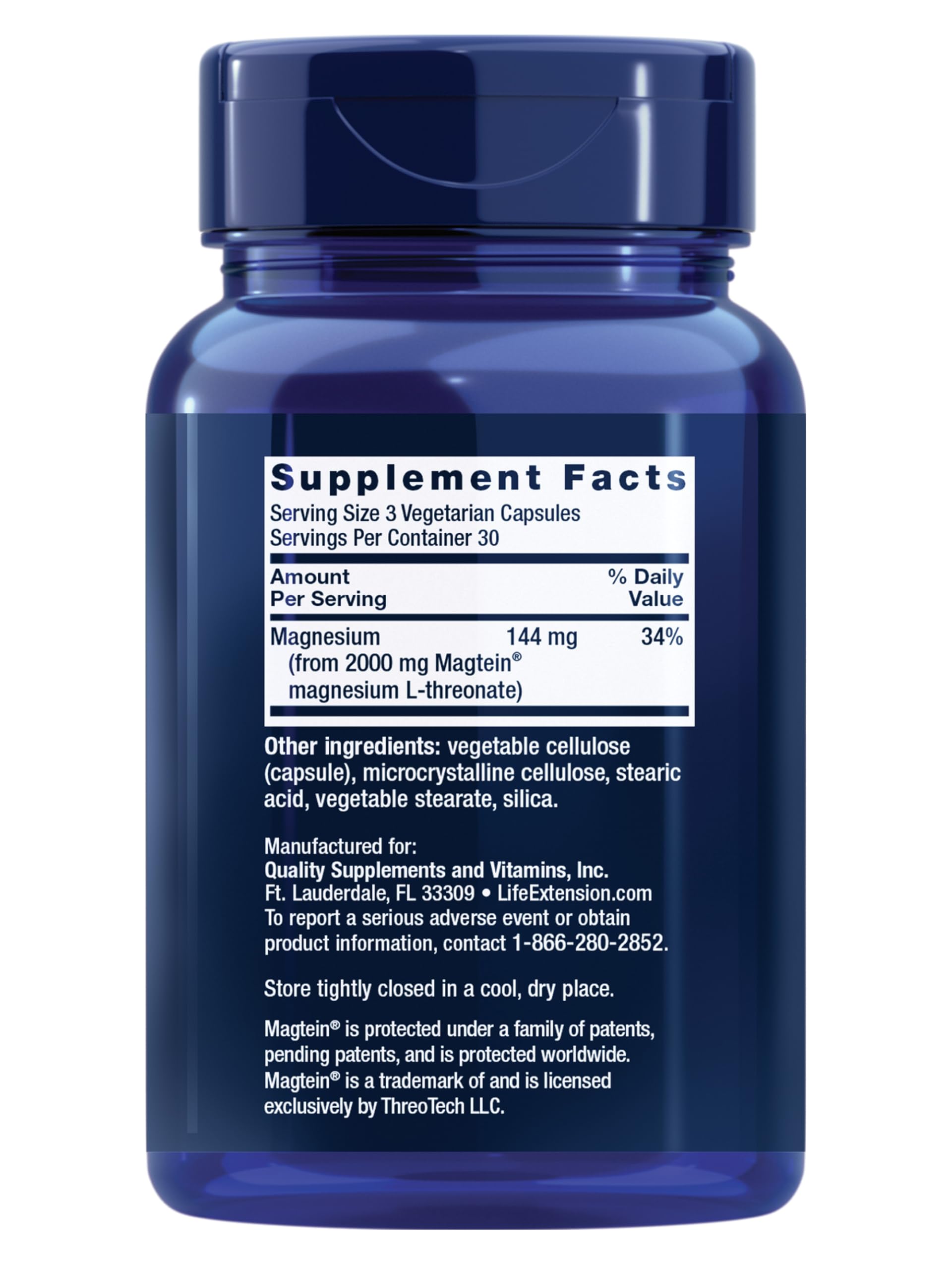 Life Extension Neuro-Mag bottle label highlights vegetarian and non-GMO formulation