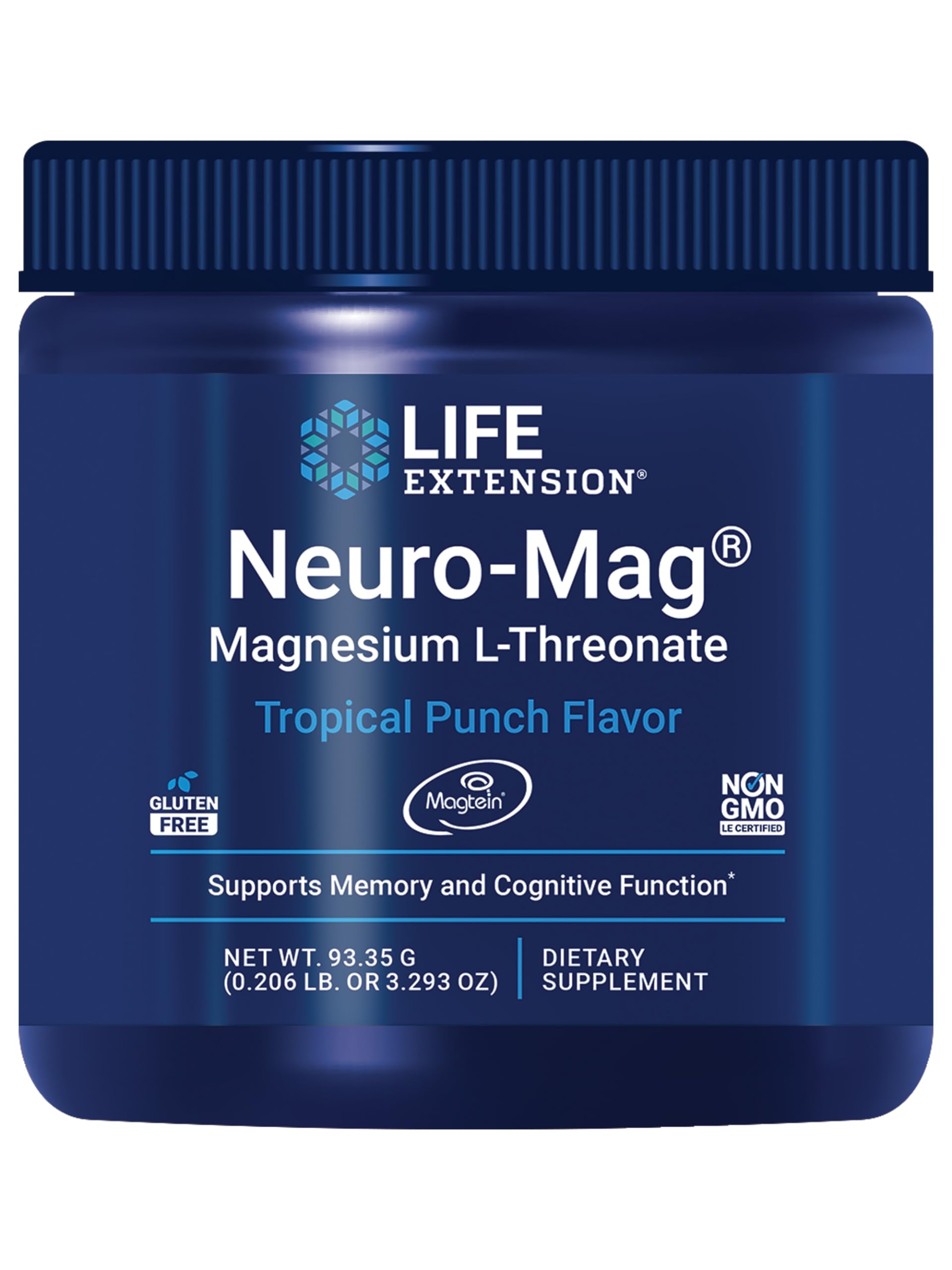 Life Extension Neuro-Mag Tropical Punch powder bottle — ultra-absorbable magnesium for cognitive support.