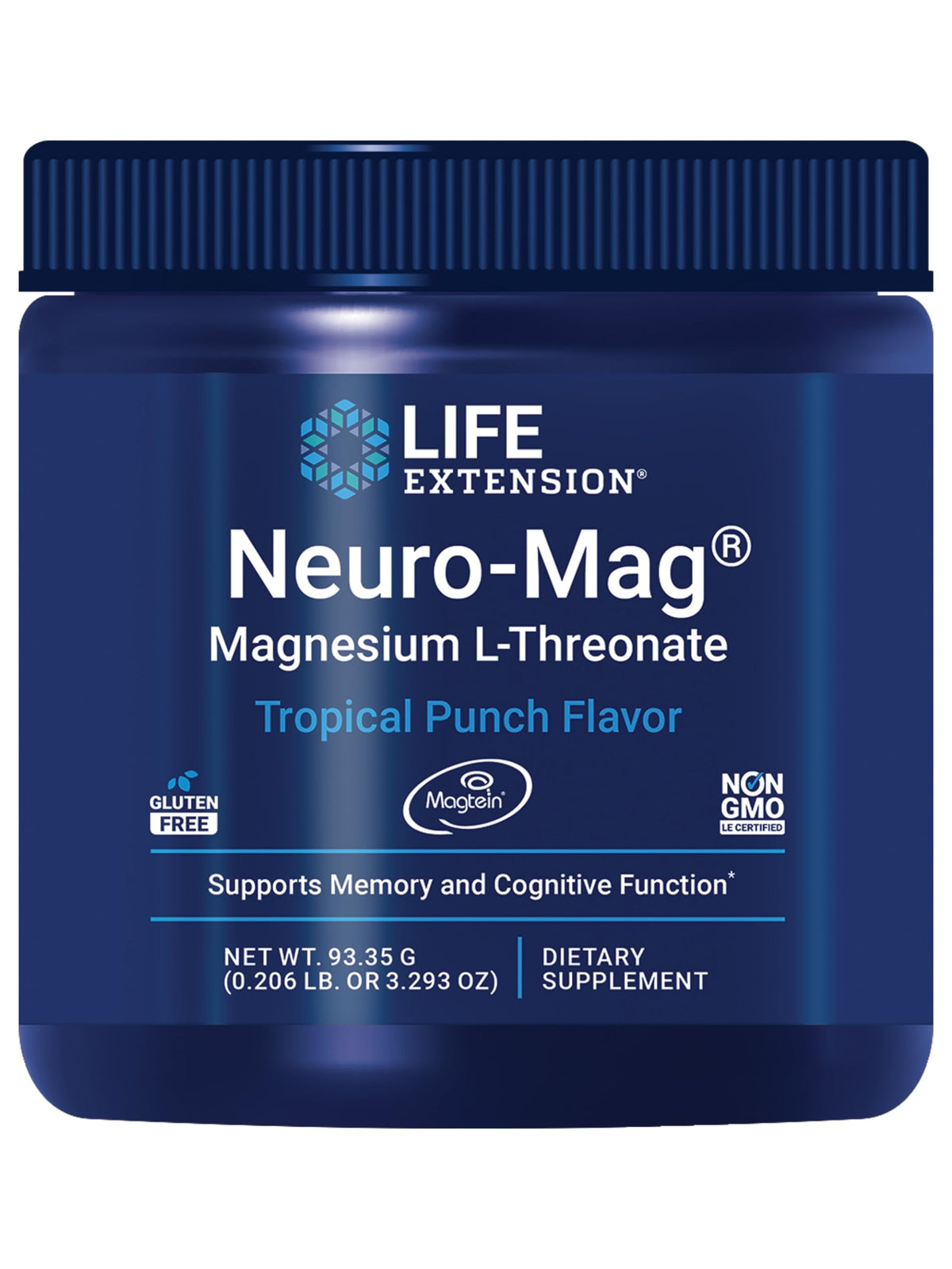 Life Extension Neuro-Mag Tropical Punch powder bottle — ultra-absorbable magnesium for cognitive support.