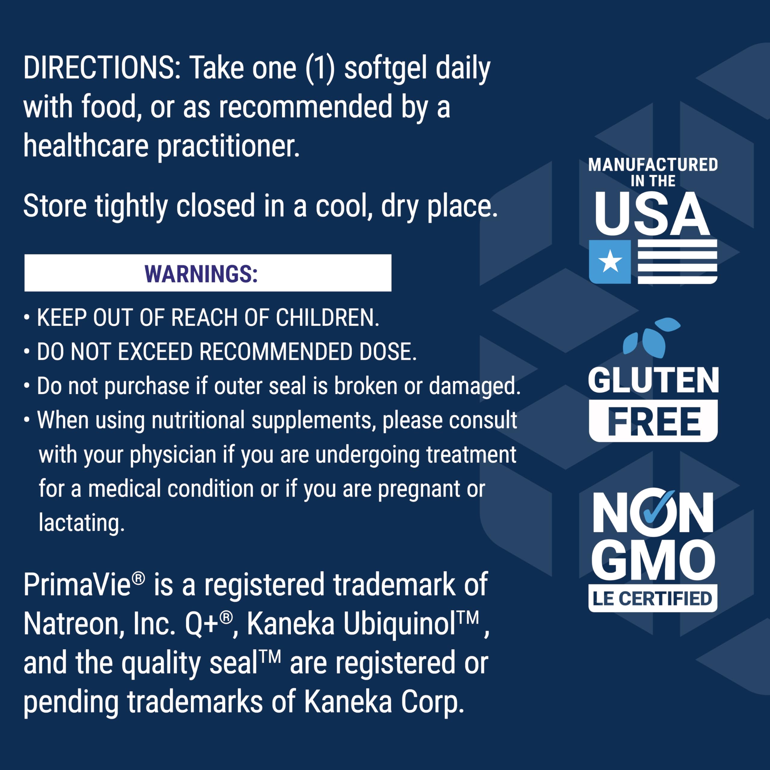 Non-GMO and gluten-free logos on Life Extension packaging