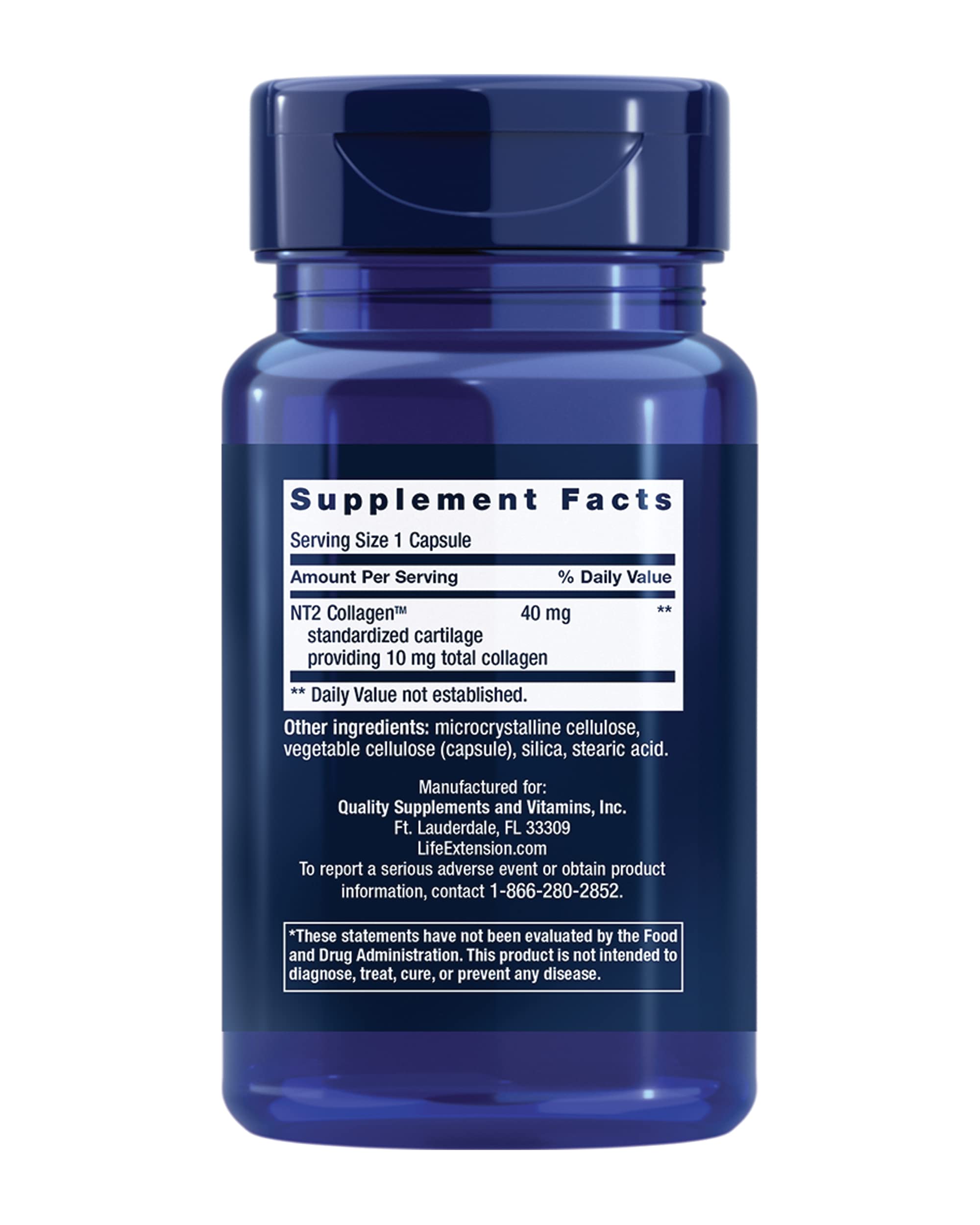 Life Extension NT2 Collagen bottle back shows gluten free and non GMO attributes