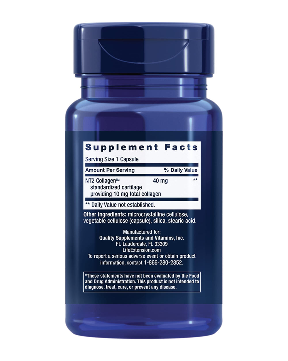 Life Extension NT2 Collagen bottle back shows gluten free and non GMO attributes