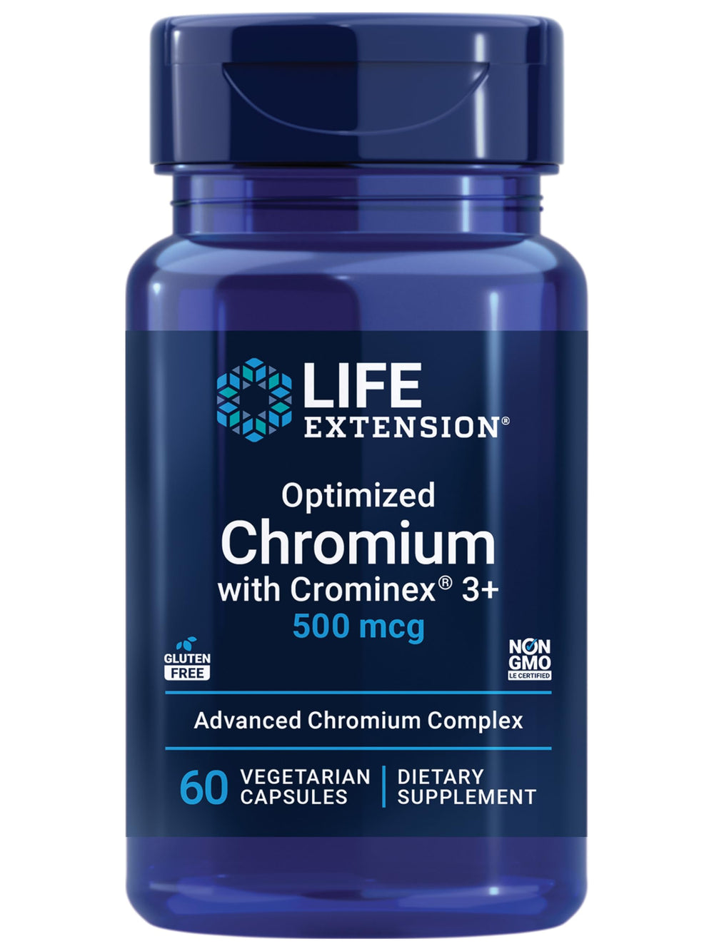 Life Extension Optimized Chromium bottle closeup showing capsules for metabolism support