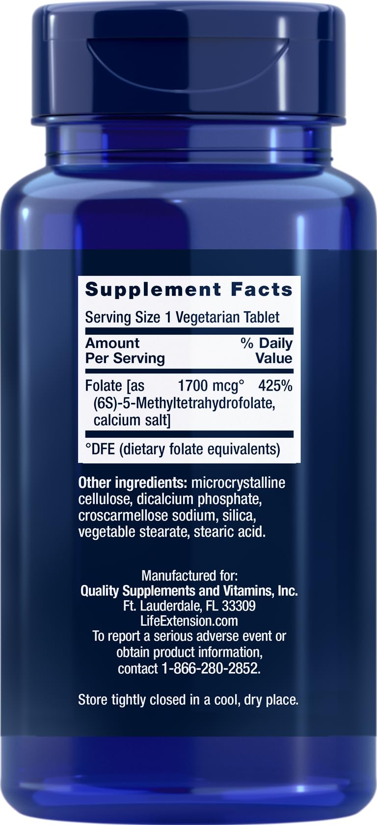 Life Extension Optimized Folate tablets close-up highlighting vegetarian capsules for daily wellness.