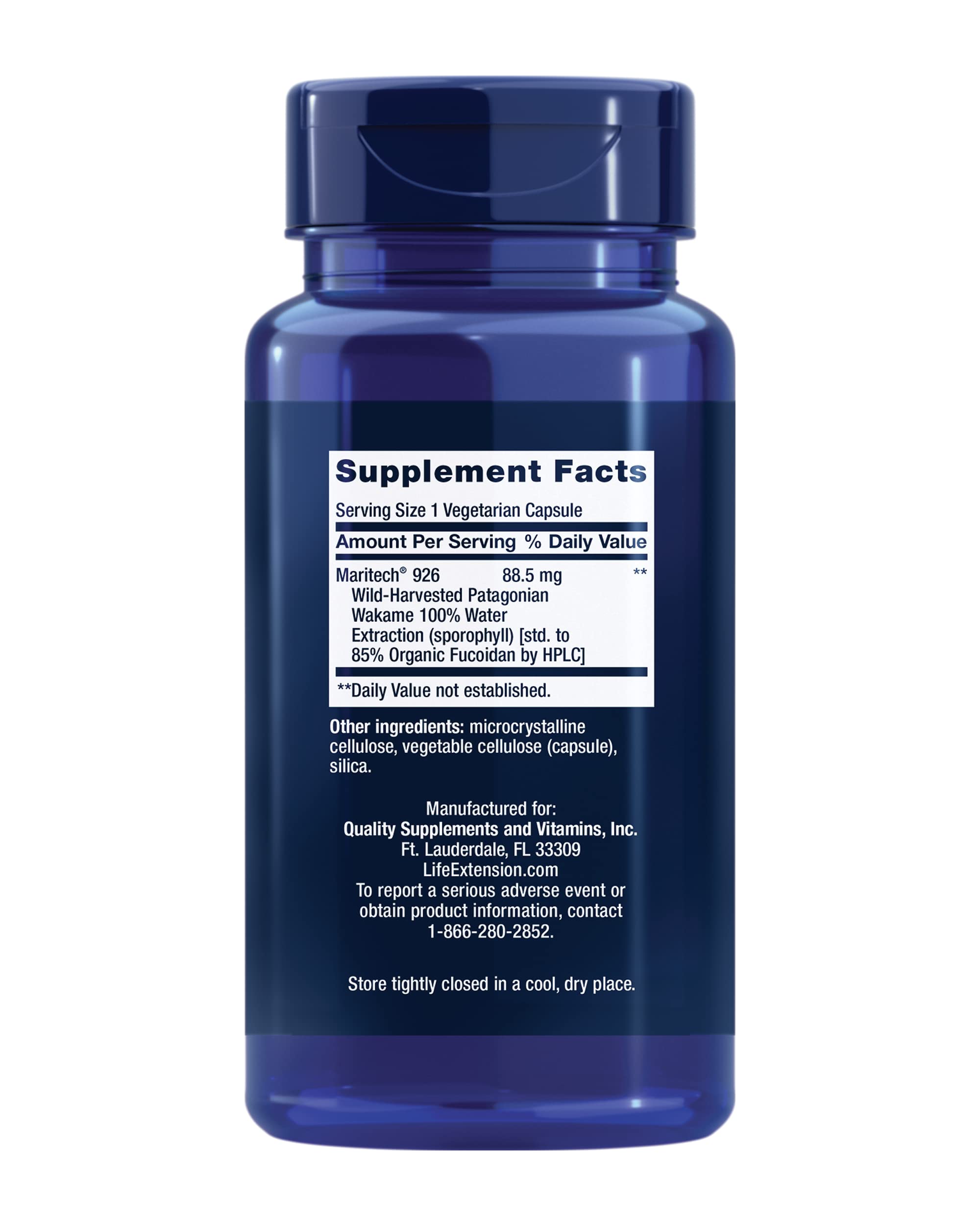 Life Extension fucoidan capsules close-up showing vegetarian capsule format